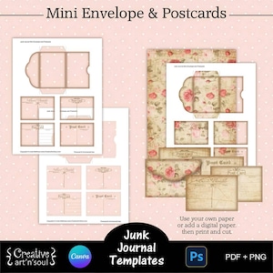 Modelos de envelopes para diários de lixo, mini envelopes para diários de lixo para impressão e cartões postais vintage, modelos para Canva e Photoshop