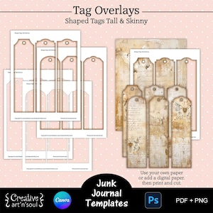 印刷可能なジャンク ジャーナル タグ テンプレート、縦長および細身のジャンク ジャーナル形状のタグ、Canva および Photoshop のテンプレート