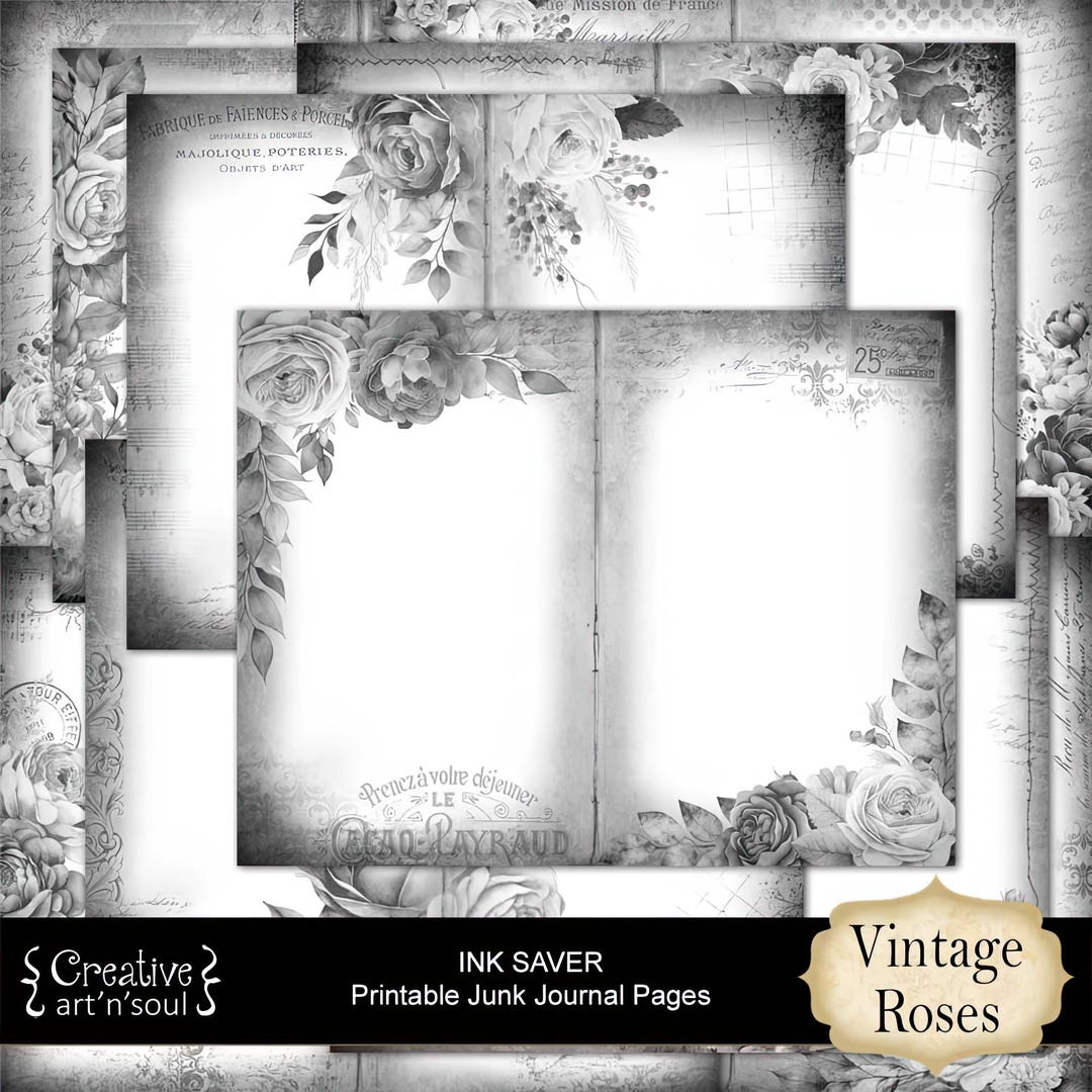 Printable Junk Journal Ink Saver Pages Vintage Roses, Black and White ...