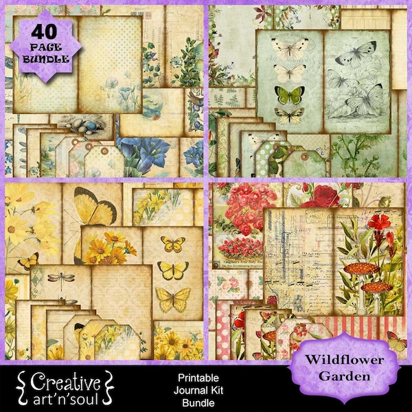 Wildblumen Garten, Printable Junk Journal Kit, 40 Seiten Bundle