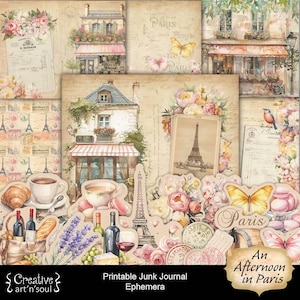 Printable Junk Journal Kit An Afternoon in Paris, Junk Journal Pages Papers Ephemera, Digital Download