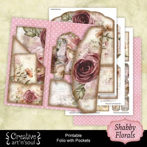 Shabby Florals Printable Junk Journal Folio with Pockets, Printable Trifold Folio, Junk Journal Ephemera, Digital Download