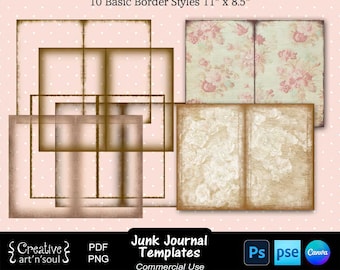 Sjablonen voor junkjournal, basispaginaranden voor junkjournal: 11 x 8,5 inch, sjablonen voor Canva en Photoshop