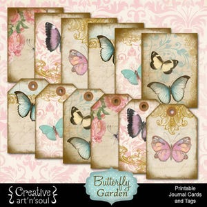 Butterfly Garden Etiquetas de diário de lixo para impressão e cartões de diário, itens efêmeros para impressão, download digital