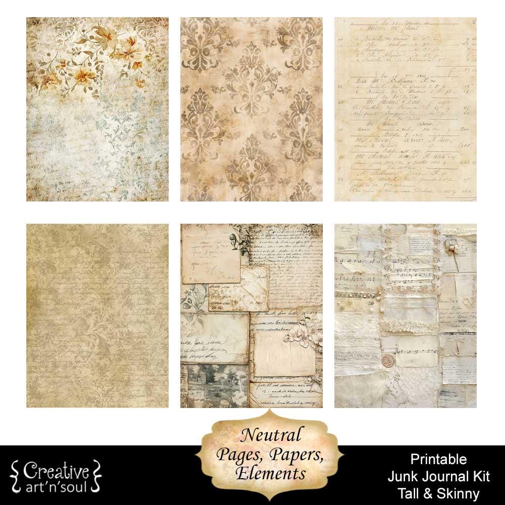 Printable Tall and Skinny Junk Journal Kit, Neutral Vintage Pages ...