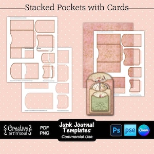 Junk Journal Templates, Printable Stacked Pockets with Cards, Templates for Canva and Photoshop