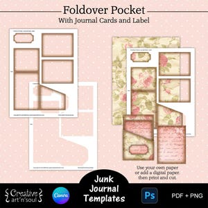Modelos de bolso e cartões de diário para impressão, bolso dobrável com cartões de diário e etiqueta, modelos para Canva e Photoshop
