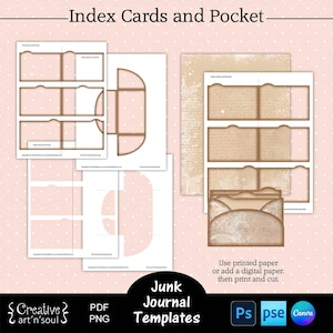 Printable Junk Journal Templates Index Cards and Pocket, Printable Junk Journal Ephemera, Templates for Canva and Photoshop
