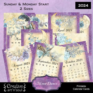 Printable Calendar Cards 2024, Junk Journal Cards, Sizes 3"x4" + 4"x5", Sunday + Monday Start
