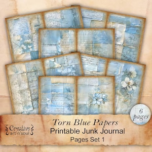 Printable Junk Journal Pages Set 1 Torn Blue Papers, Printable Pages, Digital Download