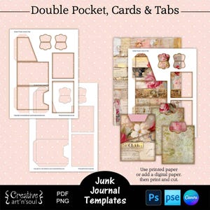 Printable Junk Journal Pocket Templates, Double Pocket with Cards and Tabs, Templates for Canva and Photoshop