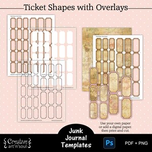 Druckbare Junk Journal Ticket Vorlage, Ticket Formen mit Overlays, Junk Journal Ephemera, Vorlagen für Photoshop oder Canva