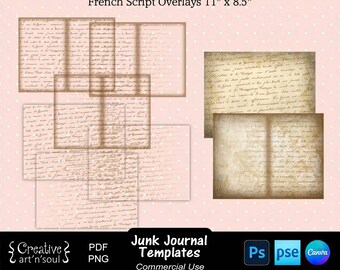 Junk Journal Templates,  French Script Page Overlays 11" x 8.5", Templates for Canva and Photoshop