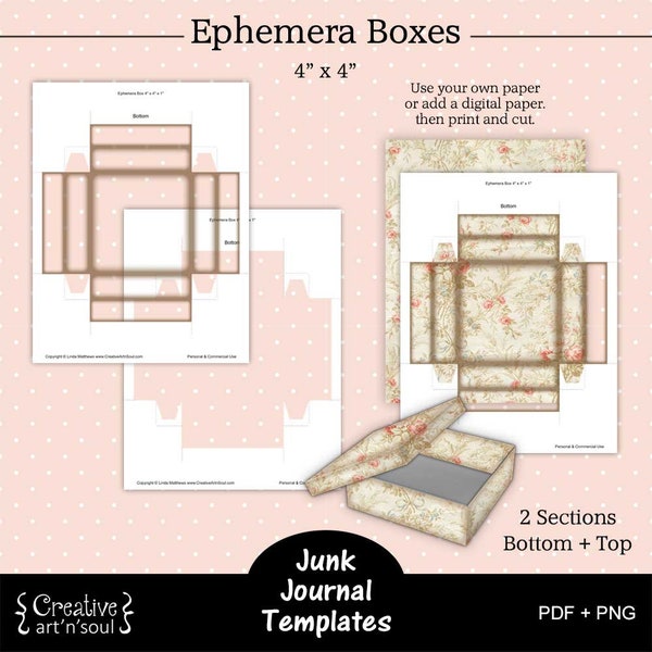 Druckbare Junk Journal Vorlage, Junk Journal Ephemera Boxen 4 "x 4"
