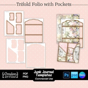 Junk Journal Template, Trifold Folio with Pockets, Templates for Photoshop or Canva