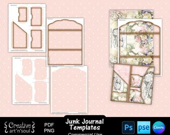 Junk Journal Template, Trifold Folio with Pockets, Templates for Photoshop or Canva