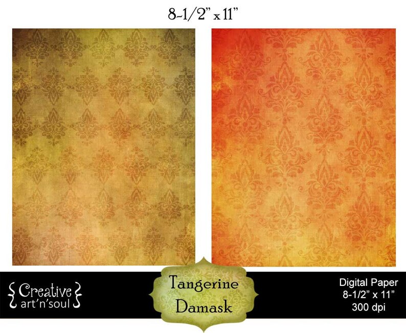 Printable Paper, Distressed Paper, Tangerine Damask image 3