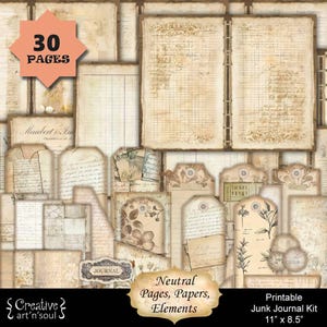 Kit de journal indésirable imprimable neutre, pages vintage imprimables, papiers éphémères, téléchargement numérique