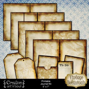 Printable Junk Journal Kit Vintage Botanicals, Neutral Junk Journal Pages Cards Tags, Digital Download