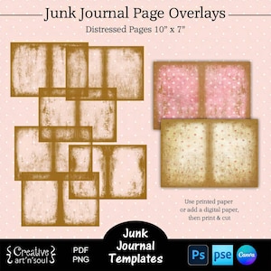 Printable Junk Journal Page Templates,  Junk Journal Distressed Page Overlays 10&quot; x 7&quot;, Templates for Canva and Photoshop