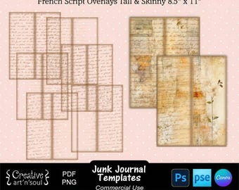Junk Journal Templates, Tall & Skinny French Script Page Overlays, Templates for Canva and Photoshop
