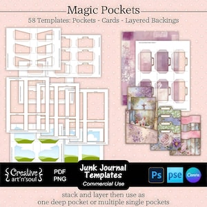 Peut inclure: Ensemble de modèles imprimables pour junk journal avec le texte "Magic Pockets" et "58 Templates: Pockets - Cards - Layered Backings". Les modèles comprennent des motifs de poche, des cartes et des fonds superposés. Le texte "Junk Journal Templates Commercial Use" est également présent.