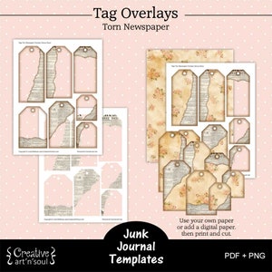 Printable Junk Journal Template,  Junk Journal Tag Overlays Various Sizes, Torn Newspaper Overlay