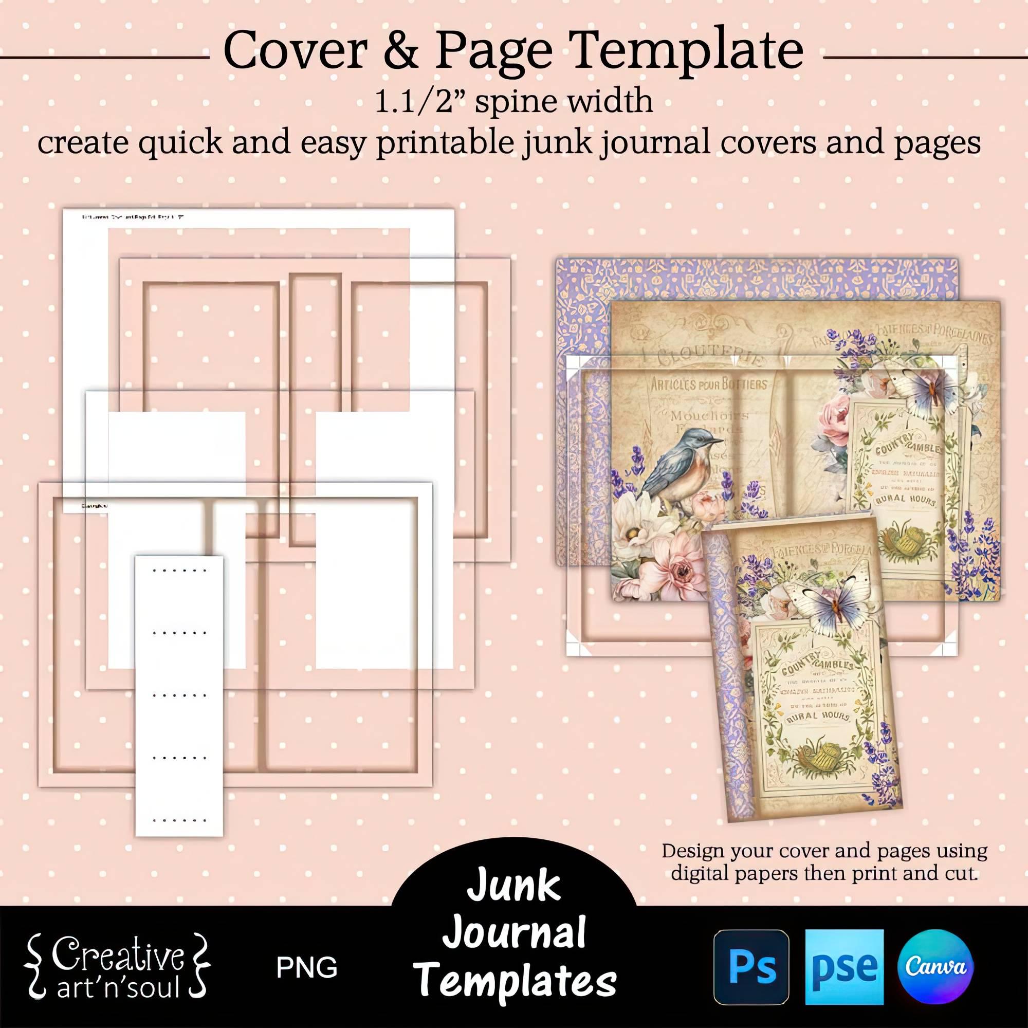 Printable Junk Journal Cover and Page Templates, Cover and Page Set 1.1/2" Spine Width, Templates for Canva and Photoshop