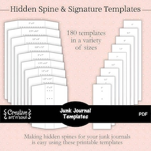 以下が含まれることがあります： 3インチ x 9インチ、2.75インチ x 8.5インチ、2.5インチ x 8インチなど、さまざまなサイズの白い印刷可能なジャンクジャーナルテンプレートのコレクション。画像には180個のテンプレートが表示され、「Hidden Spine & Signature Templates」と「Junk Journal Templates」というテキストが表示されています。