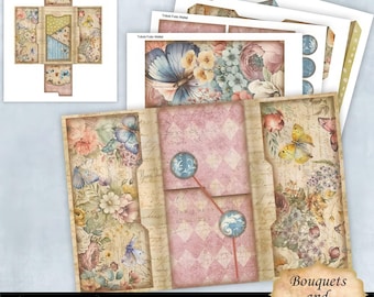 Printable Junk Journal Trifold Folio Wallet, Bouquets & Butterflies