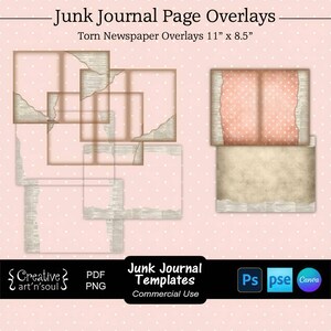 Junk Journal Templates, Torn Newspaper Page Overlays 11" x 8.5", Templates for Photoshop or Canva