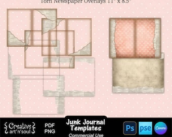 Junk Journal Templates, Torn Newspaper Page Overlays 11" x 8.5", Templates for Canva and Photoshop