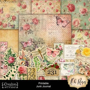 Printable Junk Journal Kit Oh Roses, Printable Junk Journal Papers Cards Tags Ephemera, Digital Download