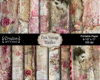 Printable Paper Pack, Digital Paper, Junk Journal Pages, Pink Vintage Textiles