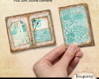 Printable Mini Junk Journal, Turquoise Ephemera