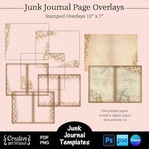 Junk Journal Page Templates,  Stamped Page Overlays 10&quot; x 7&quot;, Templates for Canva and Photoshop