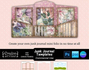Modelli per junk journal, mini portfolio con biglietti, modelli per Photoshop e Canva