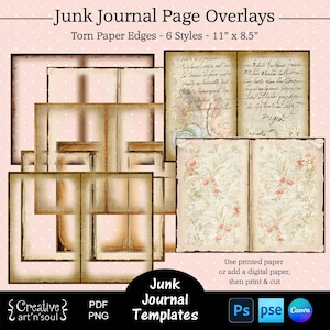 Printable Junk Journal Page Templates, Junk Journal Overlays, Page Borders with Torn Paper Edges 11&quot;x8.5&quot;, Templates for Photoshop or Canva