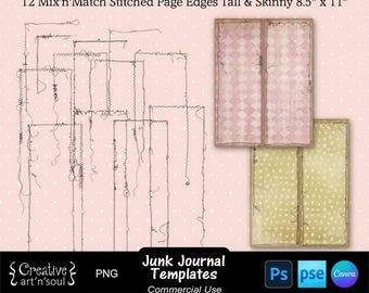 Junk Journal Templates, Tall & Skinny Stitched Page Overlays, Templates for Canva and Photoshop