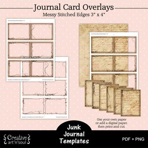 Printable Junk Journal Template,  Junk Journal Card Overlays with Messy Stitched Edges 3" x 4"