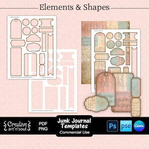 Sjablonen voor junk journals, printbare elementen en vormen, sjablonen voor Photoshop of Canva