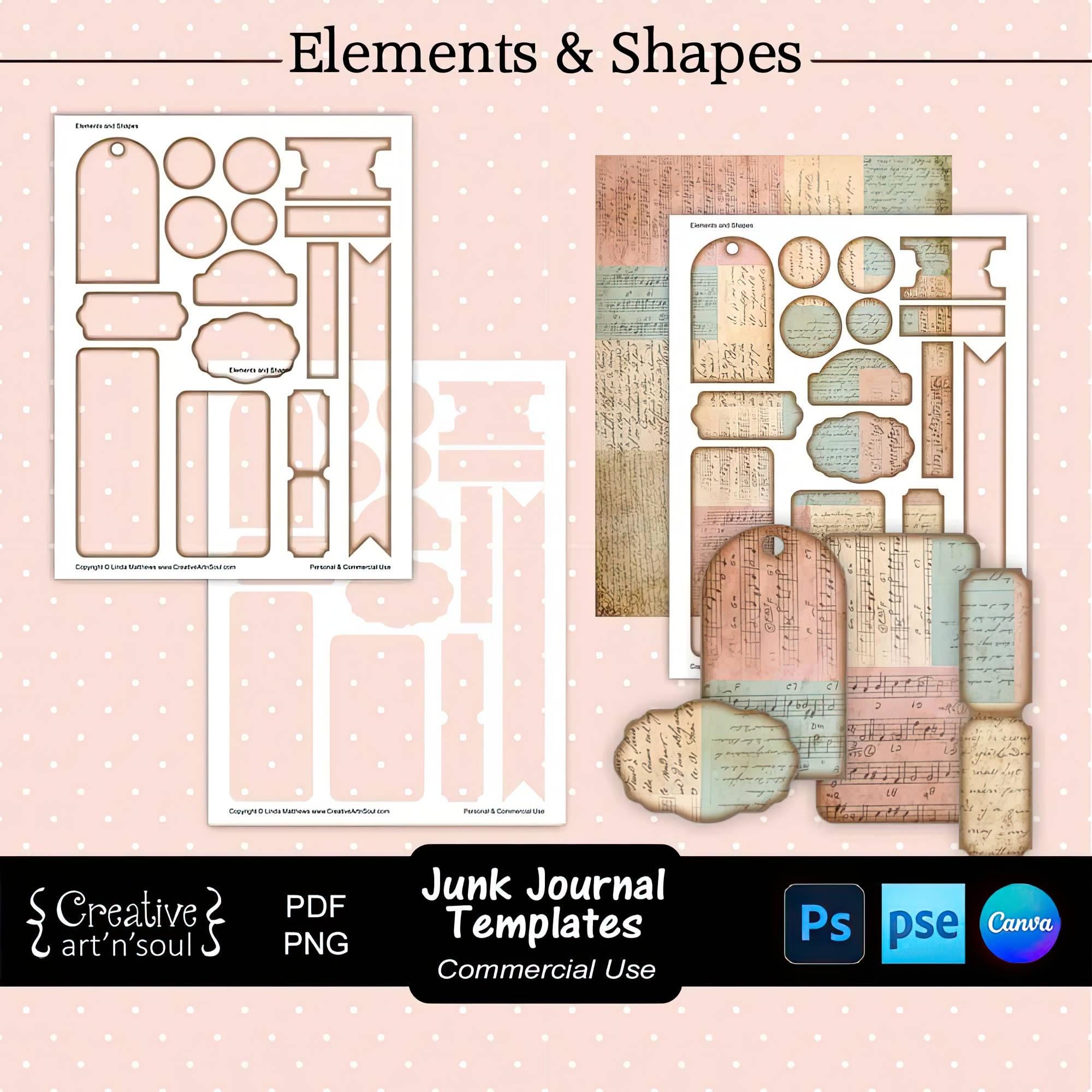 Junk Journal Vorlagen, druckbare Elemente und Formen, Vorlagen für Canva und Photoshop