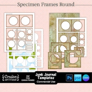 Junk Journal Templates, Round Specimen Frames, Templates for Photoshop and Canva