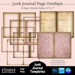 Printable Junk Journal Page Templates,  Junk Journal Page Overlays Basic Page Borders 10&quot; x 7&quot;, Templates for Canva and Photoshop