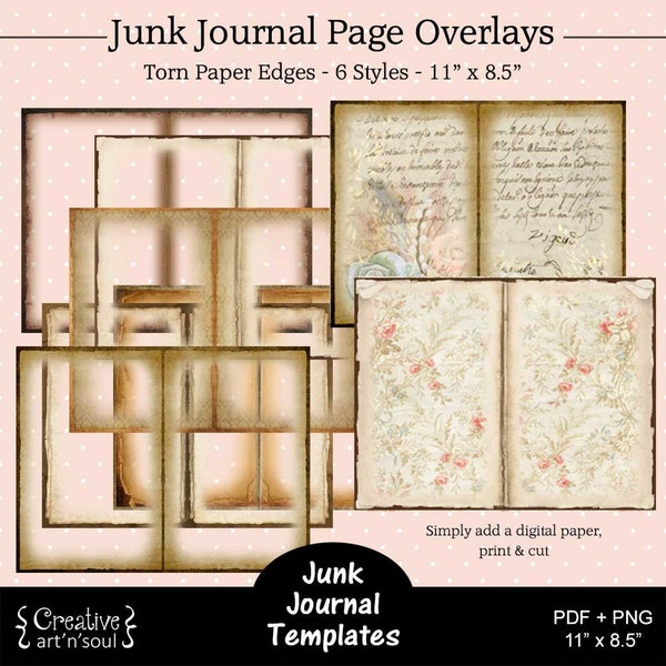 Printable Junk Journal Template, Junk Journal Overlays, Page Borders with Torn Paper Edges 11" x 8.5"