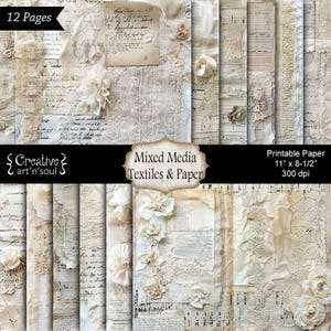 Printable Junk Journal Paper Pack Mixed Media Textiles & Paper 11&quot; x 8.5&quot;, Junk Journal Pages, Digital Download