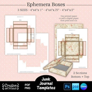 Druckbare Junk Journal Box Vorlagen, Junk Journal Ephemera Boxen 4 &quot;x 4&quot;, Vorlagen für Canva und Photoshop