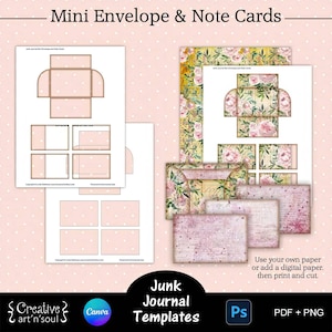 Modelos de mini envelopes e cartões para diário de lixo para impressão, itens efêmeros para diário de lixo, modelos para Canva e Photoshop