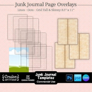 Sjablonen voor Junk Journals, overlays voor hoge en smalle pagina's met lijnen/stippen/raster, sjablonen voor Photoshop en Canva.