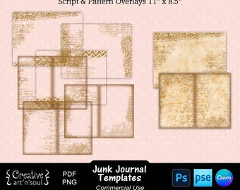 Junk Journal Templates, Page Overlays Script and Pattern 11" x 8.5", Templates for Canva and Photoshop
